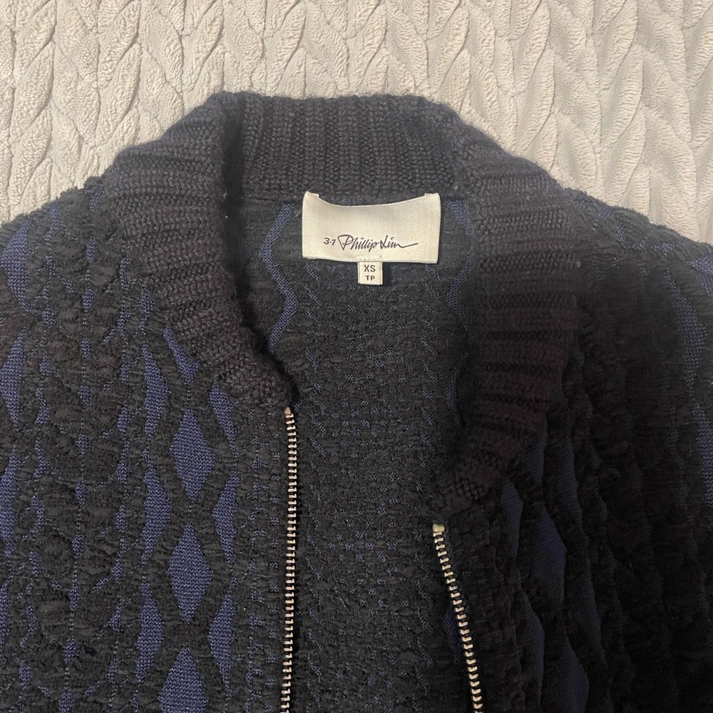 3.1 Phillip Lim Black and Navy Textured Bomber Jacket - Picture 2 of 14